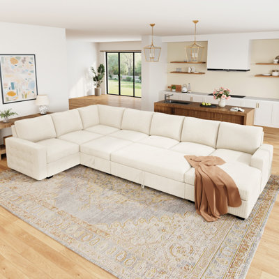 Rundey U-Shaped Oversized Sectional Corduroy Sleeper Sofa With Ottoman
