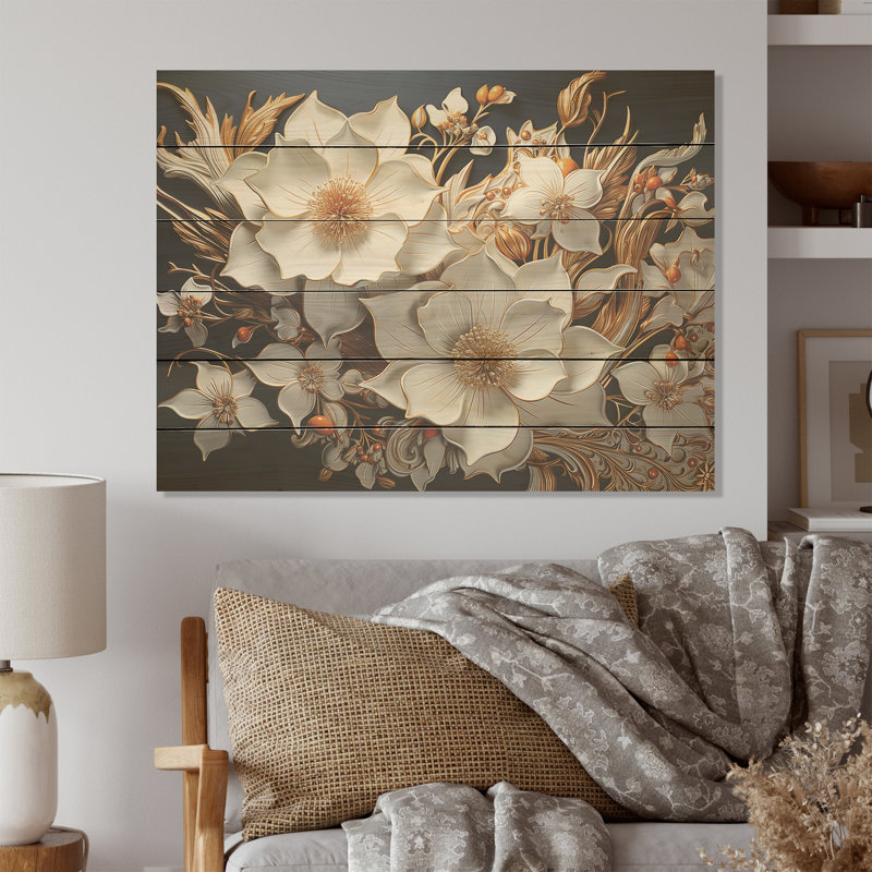 Gilded Beauty Daffodils Gilded Accents I - Daffodils Wood Wall Art On Natural Pine Wood, 10" H x 20" W