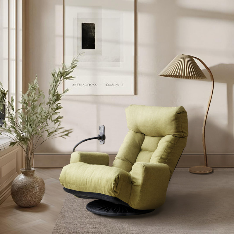 Lounge Chair With Adjustable Backrest And Headrest, 360° Rotatable With Mobile Phone Holder, Olive Green