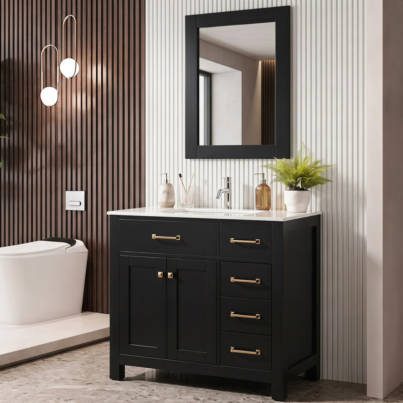 36" Single Bathroom Vanity Set with Sink Top and Mirror, Soft-Close Doors, Black