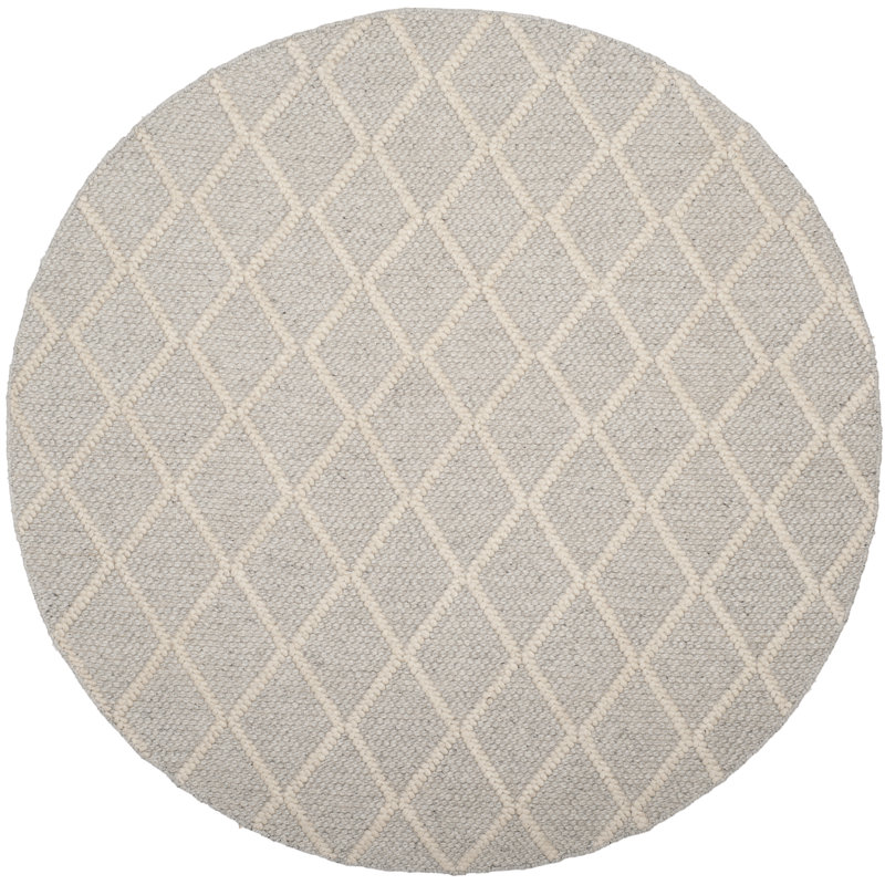 Tapis argent / ivoire en laine / viscose tissé à la main à motif géométrique Russo, Rond 8 pi