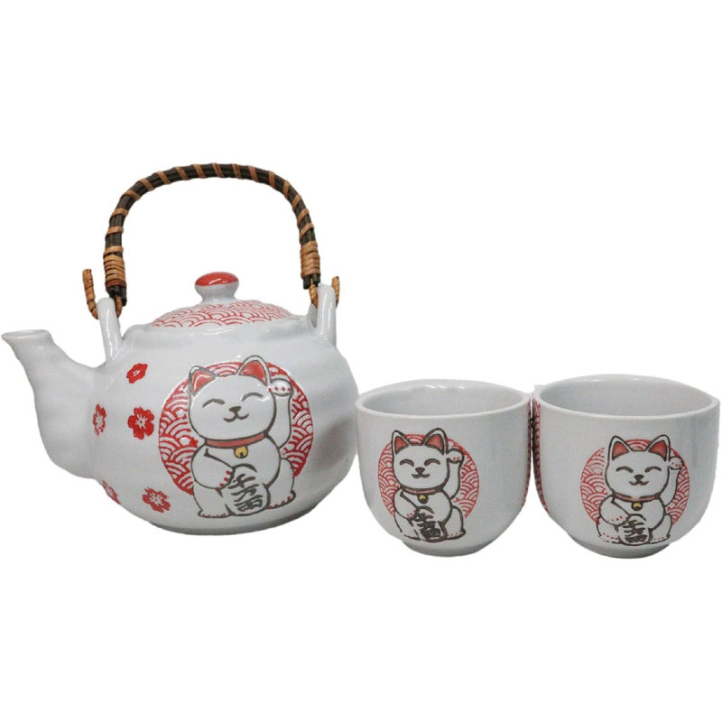 White Red Maneki Neko Lucky Cat Ceramic Tea Pot And 2 Cups Set Bamboo Handle