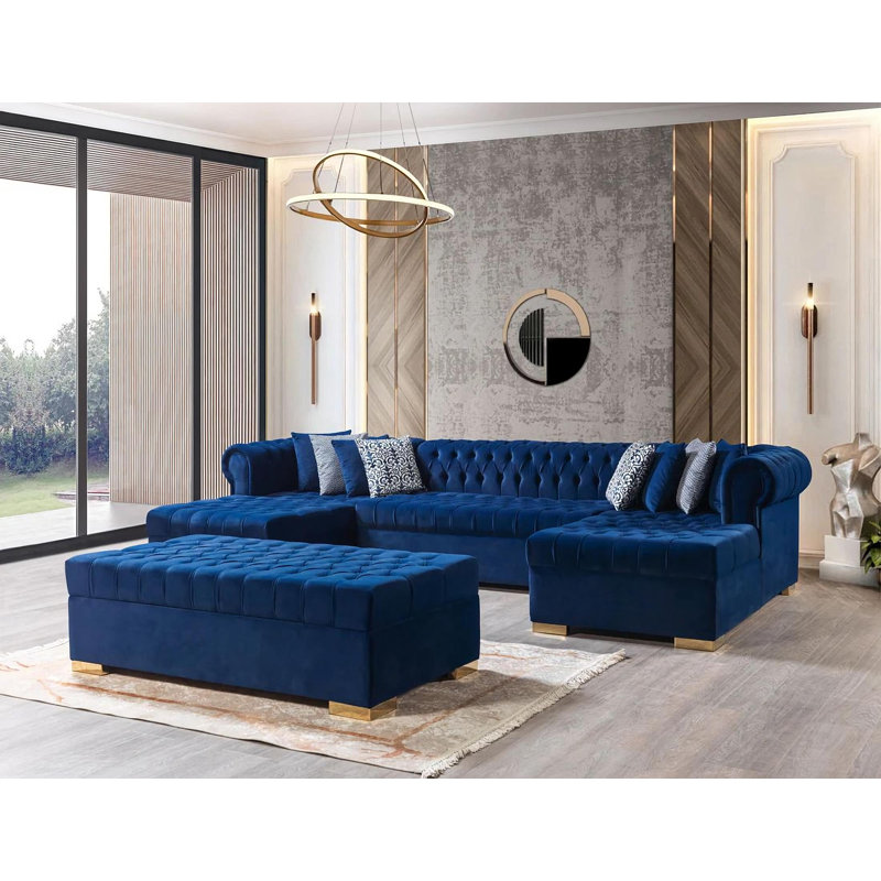 Canapé modulaire et repose-pieds Jelinek, Velours bleu marine