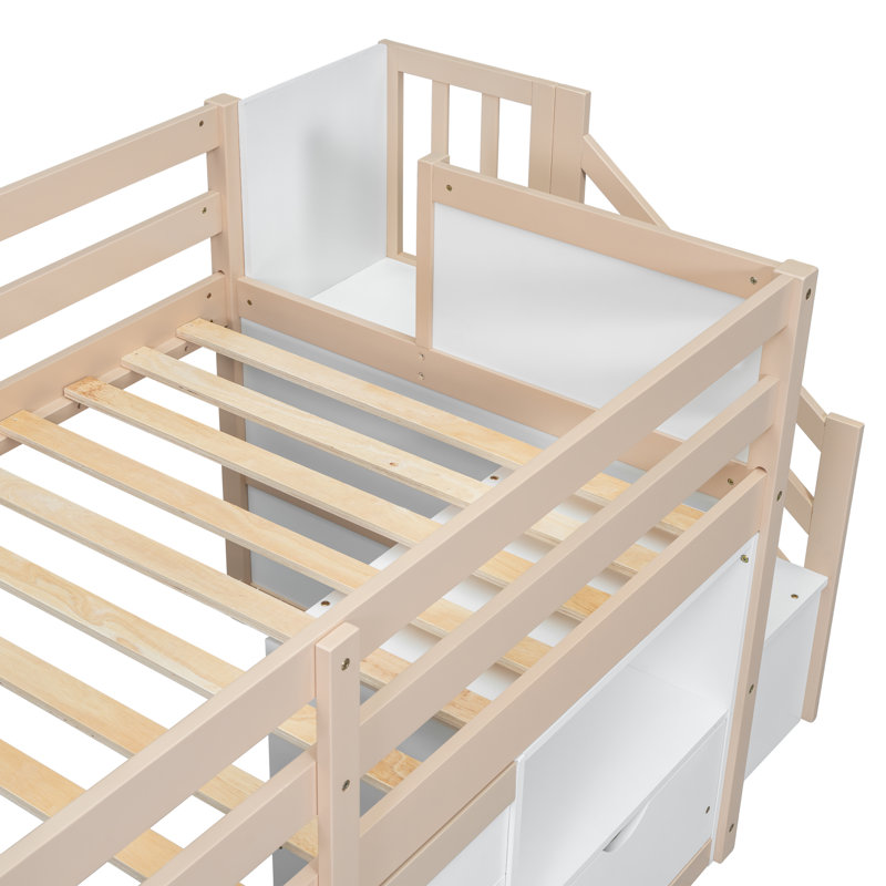 LIT BASSE EN BOIS MASSIF BASSE TAILLE MOYENNE AVEC escalier, tablette et tablette pour couleur crème et blanc, Crème / Blanc