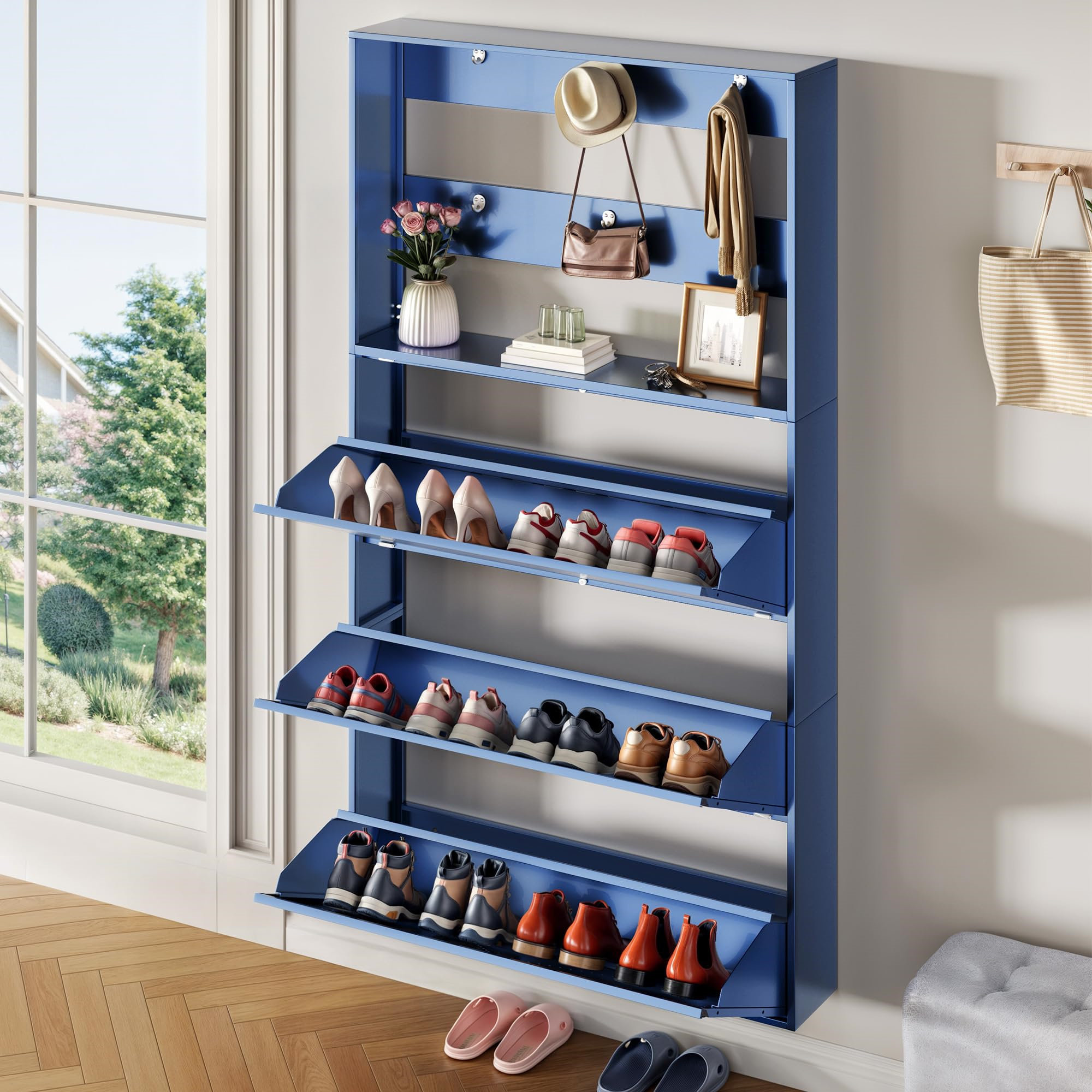 Curated visual reference: Wall Mounted Minimalist Shoe Reference: Brayden Studio Metal Shoe Cabinet With Coat Rack Wall Mounted