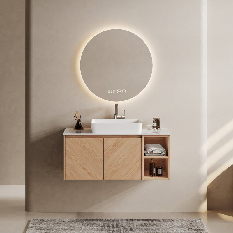 Meuble-lavabo mural en bois naturel 36 po avec lavabo en céramique blanc, trou de robinet à un trou, bonde escamotable et siphon en P inclus