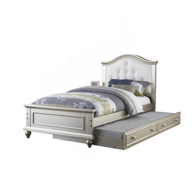 Contemporary Style Bed W/ Trundle Slats Pine Plywood Kids Youth Bedroom Furniture Faux Leather Tufted HB