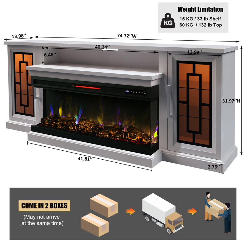 Meuble télé 75 po Highboy Electric Fireplace, Blanc patiné