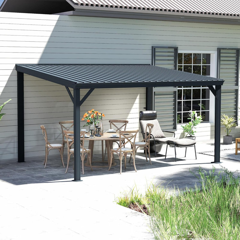 10X14ft Lean To Gazebo, Outdoor Hardtop Wall Mounted Gazebo With Sloping Galvanized Steel Roof, Upgraded Heavy Duty Mounted Shelter With Drainage System For Deck, Porch, Backyard