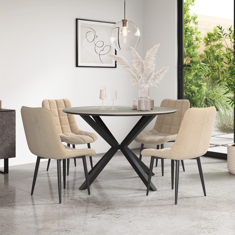 Calne 120cm Round Light Grey Ceramic Dining Table Set with 6 Nova Velvet Chairs, Beige