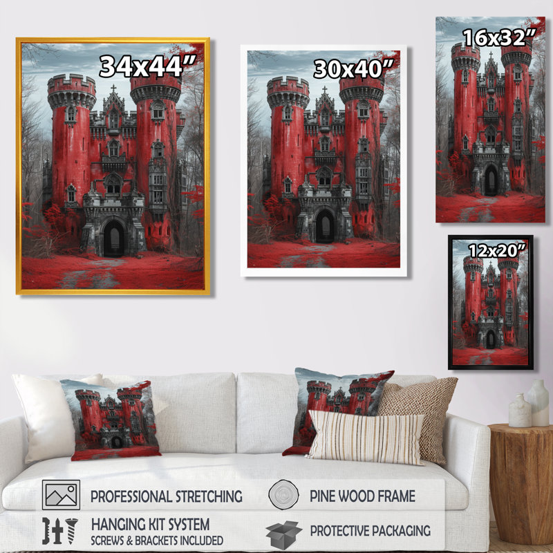 Monochromes gris rouge, automne, Angleterre, château II - châteaux, art mural, H 32 po x l 16 po x P 1 po, Toile tendue