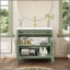 Meuble-lavabo de 35,6 pouces de style Mid-Century avec verre à motif et capteur de mouvement, autoportant avec rangement, design maison de campagne haut de gamme, vert
