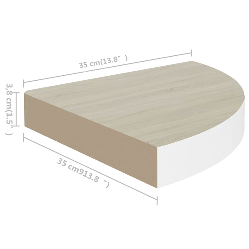 Tablette de coin murale Tablette de coin flottante, Chêne / Blanc, H 1,5 po x l 9,8 po x P 9,8 po