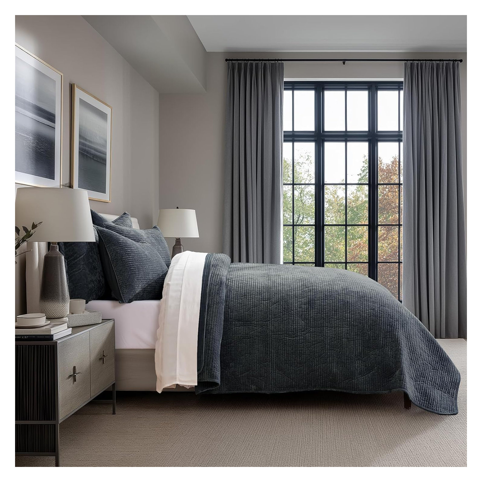 Striped Channel Velvet Quilt Set, Queen, Midnight Blue