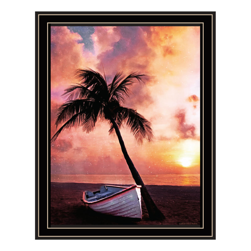 Palmier coucher de soleil noir, impression encadrée