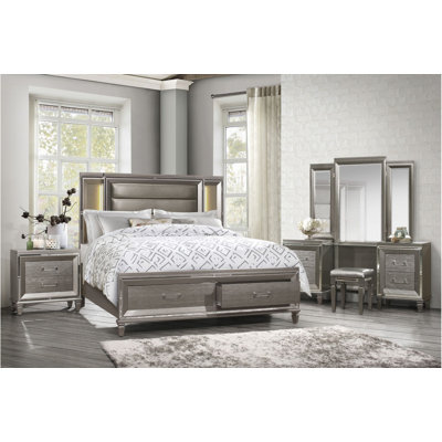 Wiley Silver-Gray Leather Upholstered LED Storage Platform Bedroom Set 3&2 -  Canora Grey, 4012DA4282EB40E5A25CCF0EE1830E9E