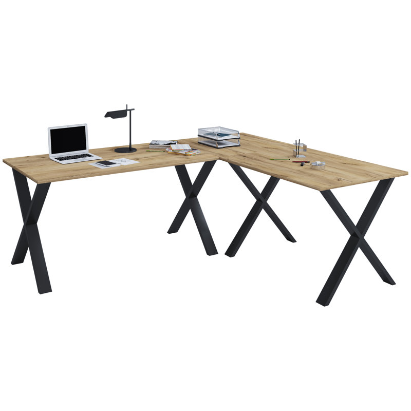 L-Shaped Writing Desk, Brown / Black, 76cm H x 190cm W x 50cm D