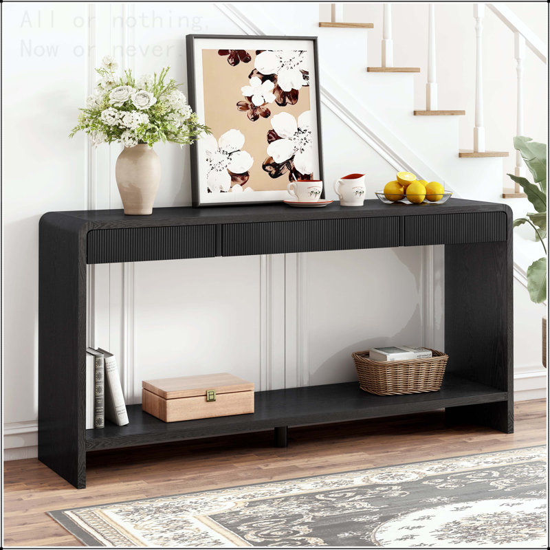 Console moderne à 3 tiroirs avec lattes verticales et bords ronds, Noir