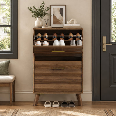 Meuble à chaussures mince en bois de style moderne du milieu du siècle, avec couvercle rabattable et 2 tiroirs rabattables