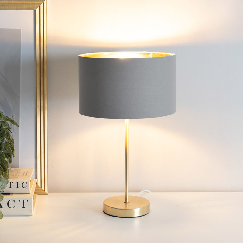 Charlie Gold Stem Metal Table Lamp with Natural with Gold Inner Lamp Shade and LED Bulb, Black, Yes, Gold Base/Grey Shade