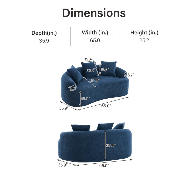 Boneless 65" Chenille Curved Sofa, Blue