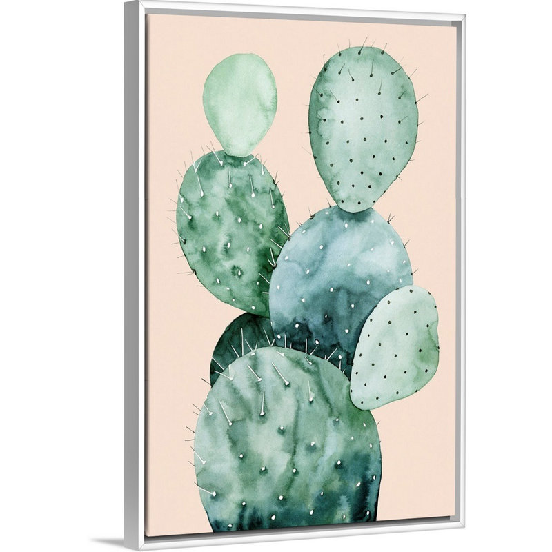 Cactus sur corail II - reproduction d'art sur toile, Cadre flottant blanc, H 49,7 po x l 33,7 po x P 1,75 po