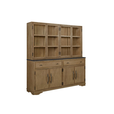Buffet et meuble de rangement 2 pièces Cashew avec plateau en béton, vitrine encadrée pour exposer la vaisselle, deux tiroirs et quatre placards, bois massif beige, profondeur 73,98 pouces, largeur 19,24 pouces, hauteur 75,29 pouces.