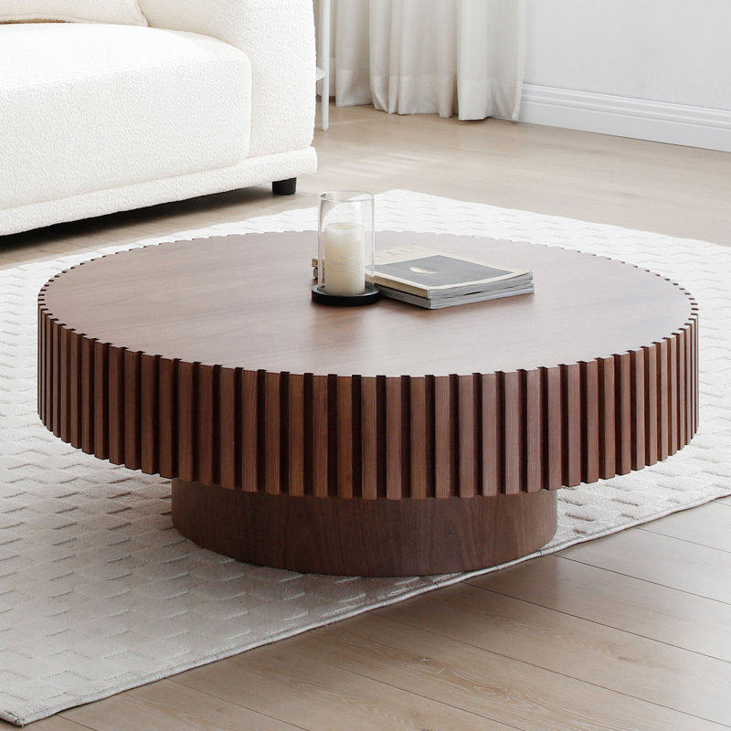 Ansel Round Pedestal Coffee Table with Ribbed Detailing, 13.77" H x 31.49" L x 31.49" W, Walnut