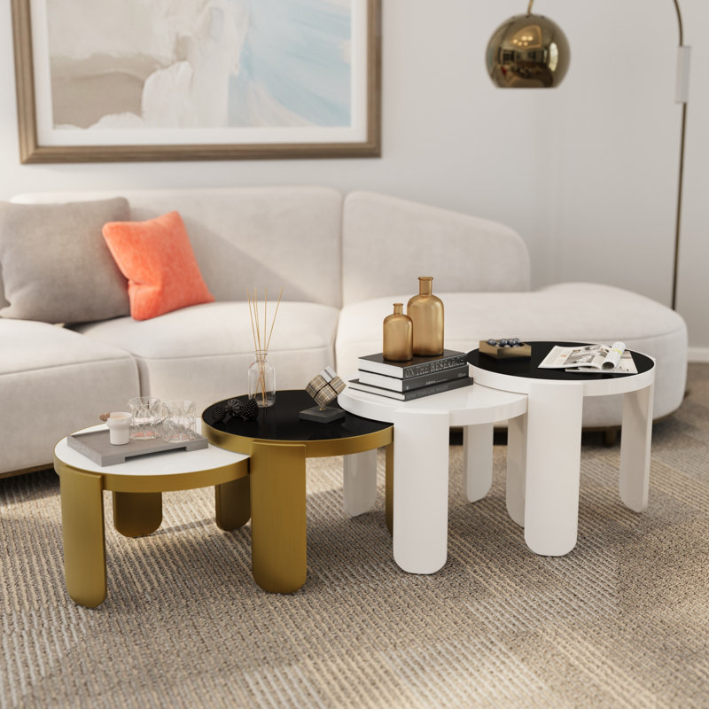 Brass 4 In 1 Self-Defined Nesting Round Coffee Table/End Table, White/Brass