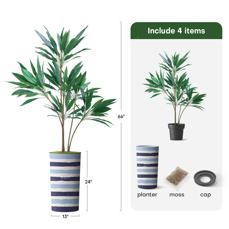 66'' Faux Dracaena Tree in Planter, Thick Line Blue