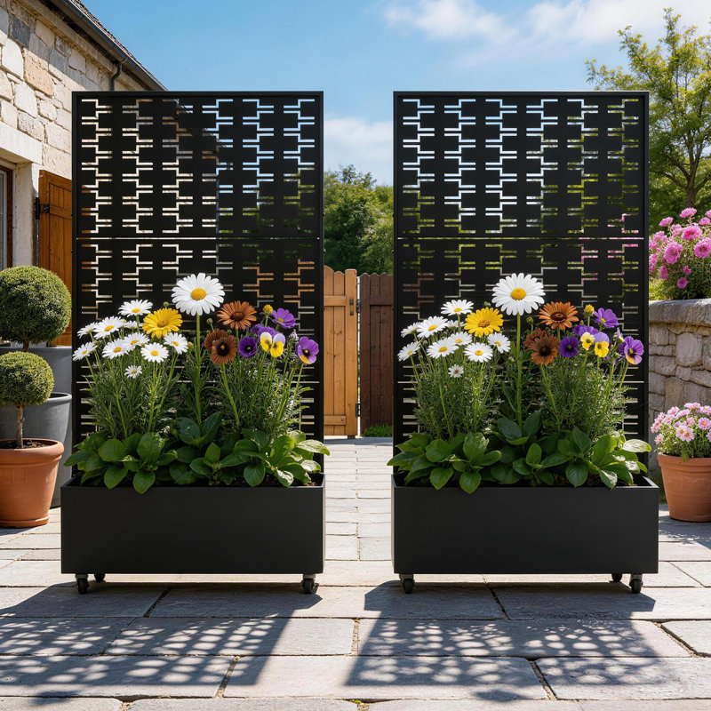 Tinsley Metal Planter Box With Trellis And Wheels, 70.8" H x 35.5" W x 15.7" D, Black