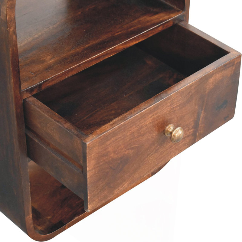 Table de chevet en bois massif noyer californien, 1 tiroir, 2 fentes ouvertes, brun, Espresso