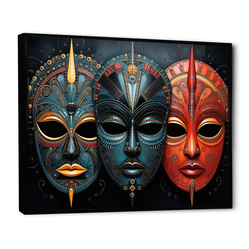 Red African Masks III - Masque africain, art mural, Noir, H 34 po x l 44 po, Cadre photo unique