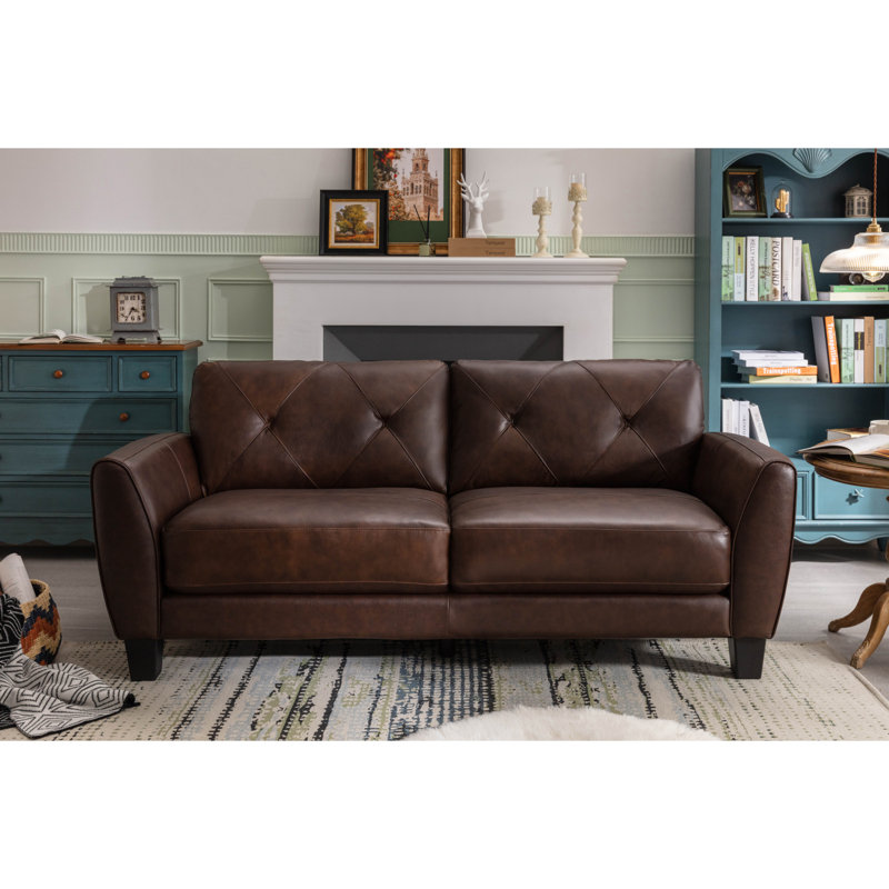 Canapé en cuir véritable avec coussin touffeté à losanges