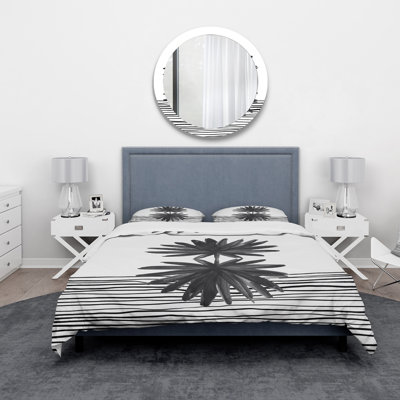 Ensemble de housse de couette moderne noir et blanc à motif de feuilles tropicales rayées II - microfibre de polyester