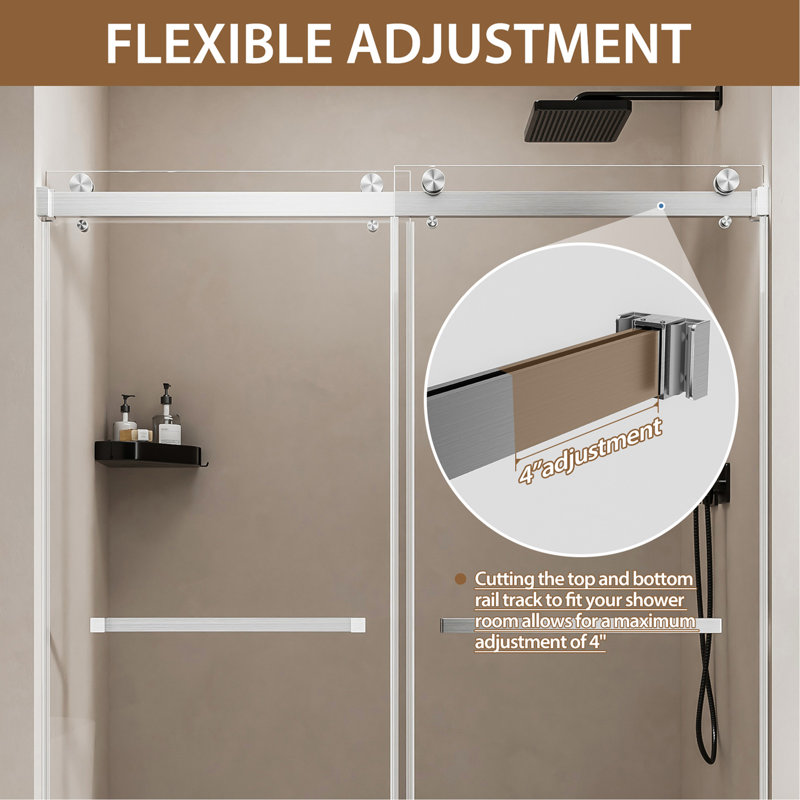 56-60" W x 60" H Frameless Double Sliding Shower Door, Premium 1/4" (6mm) Thick Tempered Glass With Explosion-proof Film, Stainless Steel, Brushed Nickel