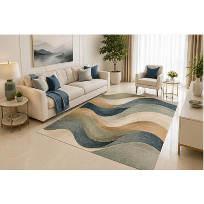 "Ultra Lightweight" 5'x7' Modern Wave Area Rug, Blue Beige Abstract Flowing Curves Design for Living Room Bedroom Office, Non-Slip Silicone Backing, Low Pile Carpet