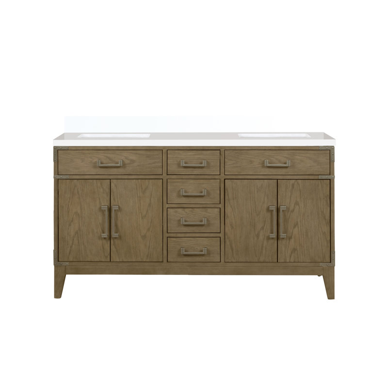 Meuble-lavabo double en chêne gris, comptoir en quartz, corps principal en bois massif, conception à fermeture en douceur, tablette ouverte, espace de rangement supplémentaire avec comptoir poli et scellé, structure,