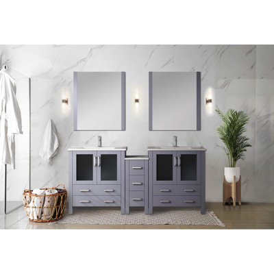 Double Bath Vanity 72 In. In Width, Dark Grey Color, With Side Cabinet, White Ceramic Top, Faucet Included, Soft Close Function, Two Interior Cabinets And Seven Drawers For Storage, Stain -