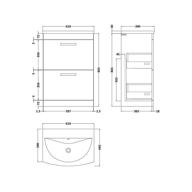 Athena 610mm Single Bathroom Vanity with Integrated Vitreous China Basin, Charcoal Black
