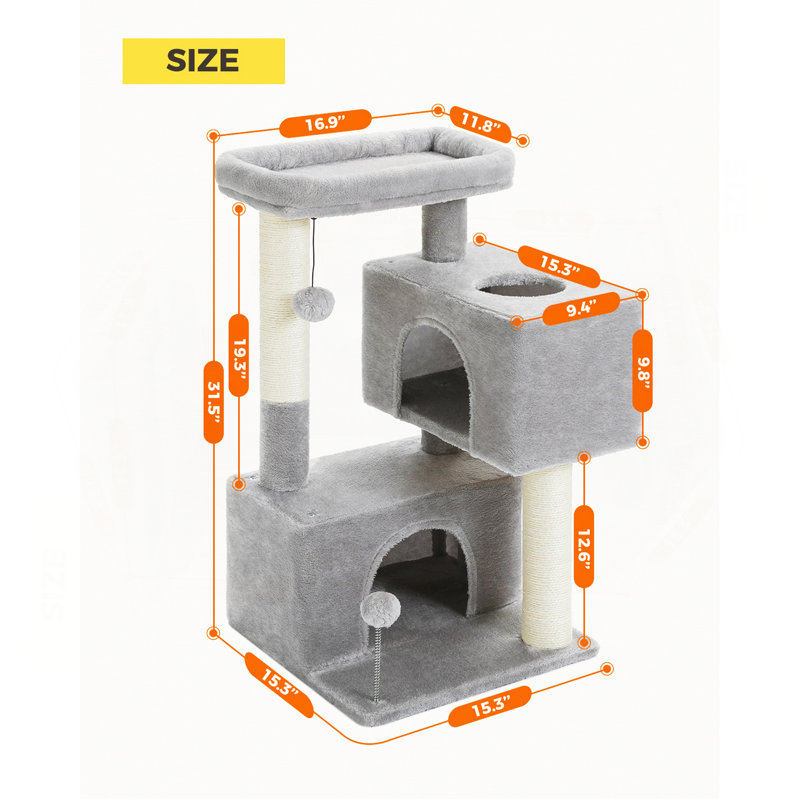 Arbre à chat compact et fonctionnel avec grattoir, peluche et aire de repos pour petits et moyens chats, Gris