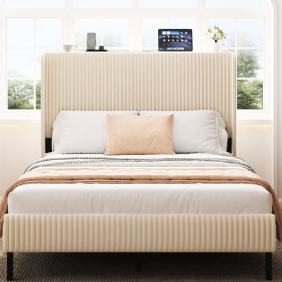 Beige Full Bed Frame With Charging Station And Storage Headboard, Quiet , Strong Metal Slats, No Box Spring Needed Size Platform Velvet Headboard Station, Slats For Support, Spring, Fast Assembly