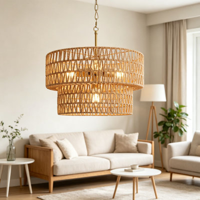 17.8\" Boho Rattan Chandelier Pendant Light Fixture with 2-Tier Woven Shade, Adjustable Farmhouse Hanging Light for Dining Room, Kitchen Island, Living Room and Bedroom