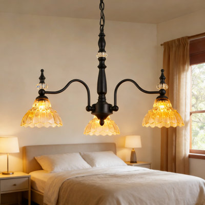 Luminaire de lustre de style maison de campagne avec abat-jour en verre, lustre suspendu noir rétro à 3 lumières pour la salle à manger, le salon, la chambre à coucher, le vestibule, la chaîne réglable, la base d'ampoule G9