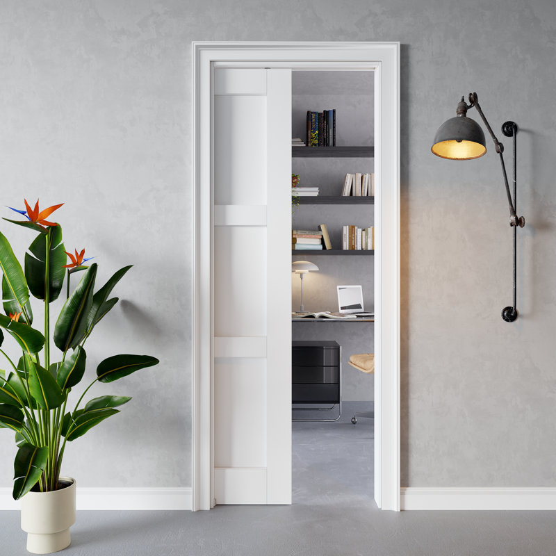 Porte intérieure à 3 panneaux à âme pleine, porte coulissante en MDF certifiée CARB P2, avec cadre renforcé et quincaillerie incluse, porte coulissante pour chambre à coucher, préfinie et imperméable, pour garde-manger, chambre à coucher, salle de bain, placard, buanderie et salon, teinture facile à appliquer soi-même, 61 cm x 244 cm