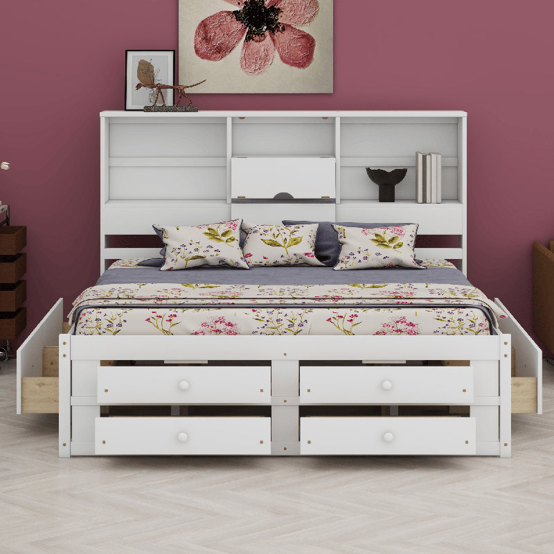 Lit plateforme avec tête de lit avec rangement, Blanc