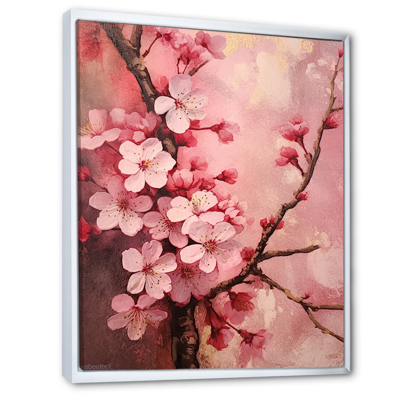 «Cherry Blossoms», collage rose foncé sur toile, Cadre flottant blanc, H 44 po x l 34 po