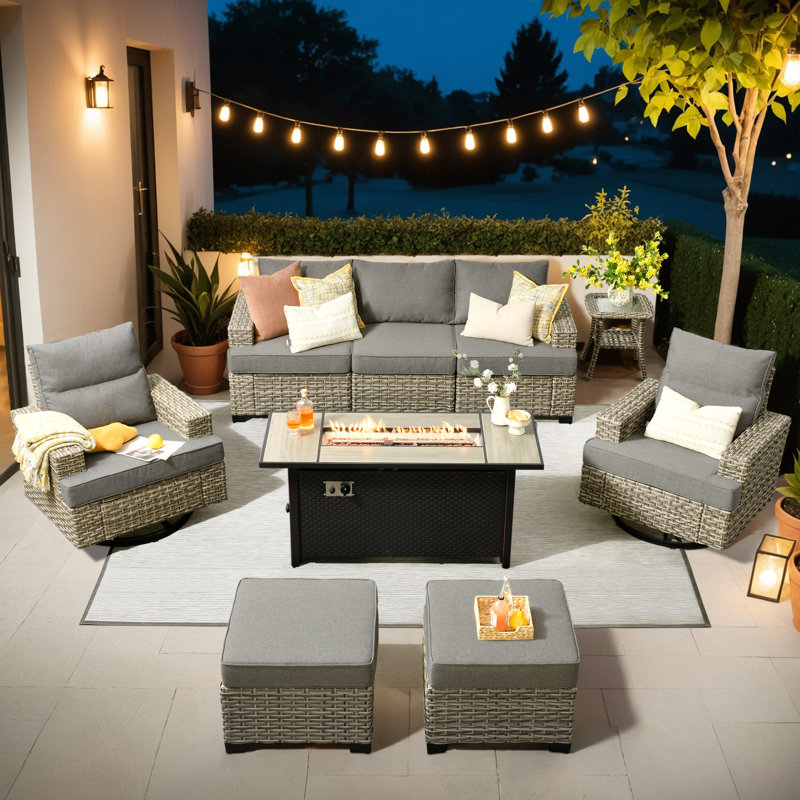 7- Person Rattan Outdoor Seating Group With Swivel Rockers and Fire Pit Table, Dark Gray