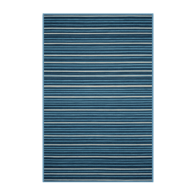 Tapis bleu à rayures horizontales lavable à la machine, Rectangle 7 pi x 10 pi
