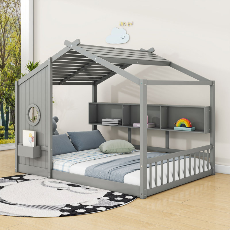 Lit de jeu avec toit et tablettes de rangement, Gris, Double